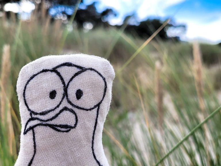 Udo, die Möwe als Stofftier vor den Ostseedünen