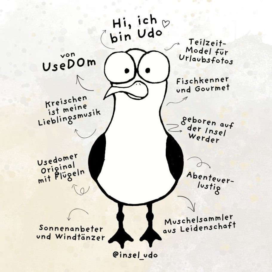 Zeichnung eines Pinguins namens Udo mit persönlichen Vorlieben und Eigenschaften.