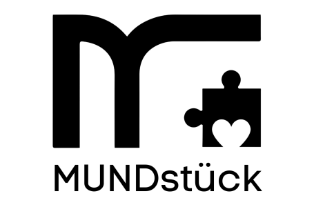 Logo von MUndstück mit Schriftzug, dem M und dem Puzzleteil mit Herz