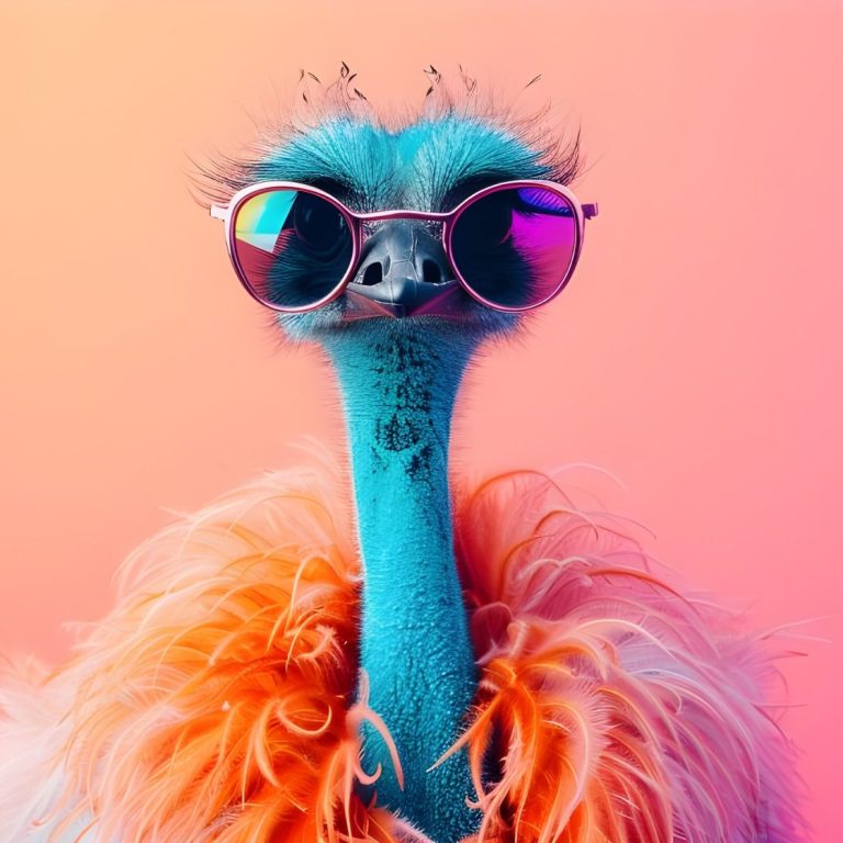 Ein Strauß mit Brille und Tüllschal in bunten Farben