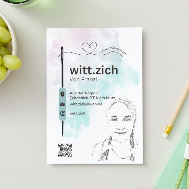 Flyer mit Name, Kontaktinformationen und skizzenhaftem Porträt.